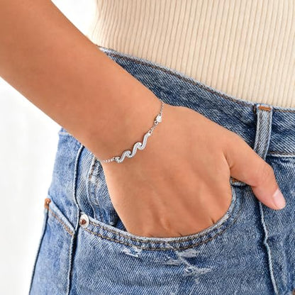 925 Sterling Silver Bracelets for Women - Wave Bracelet for Her Sister Mom Daughter Friend Dainty Stackable Adjustable Link Chain Bracelet Jewelry Birthday Gifts for Birthday Christmas Valentines
