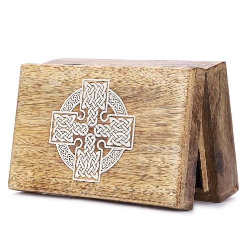 Ajuny Handmade Decorative Wooden Jewelry Box Celtic Cross Design Multipurpose Treasure Chest Storage Organizer Trinket keepsake Necklaces Watch Boxes, Great Gifts - 8x5 Inch - style: Celtic Cross White