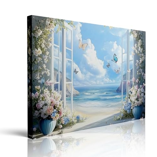 Mifure Ocean View Wall Art Floral Canvas Painting with Open Window and Butterflies Beach Landscape Artwork for Living Room Bedroom Office Home Wall Decor Serene Coastal Design 12x16 Inches - color: Seascape (Wrapped Canvas), size: 16"L x 12"W