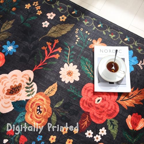 Rugcomf Round Rug 4ft Washable Circle Rug Non Slip Low Pile Boho Floral Small Circular Rug for Bedroom, Bathroom, Entryway, Kids Room, Office, College Dorm(Black)