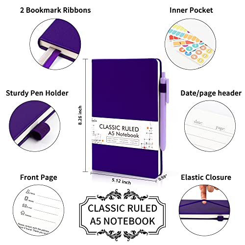 feela 3 Pack Notebooks Journals Bulk, Hardcover Notebook Classic Ruled Lined Journal Set with Pen Holder for Work Business Journaling Note Taking, with 3 Black Pens, 120 GSM, 5.1”x8.3”, A5, Purple - color: 3 Purple