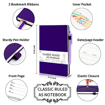 feela 3 Pack Notebooks Journals Bulk, Hardcover Notebook Classic Ruled Lined Journal Set with Pen Holder for Work Business Journaling Note Taking, with 3 Black Pens, 120 GSM, 5.1”x8.3”, A5, Purple - color: 3 Purple