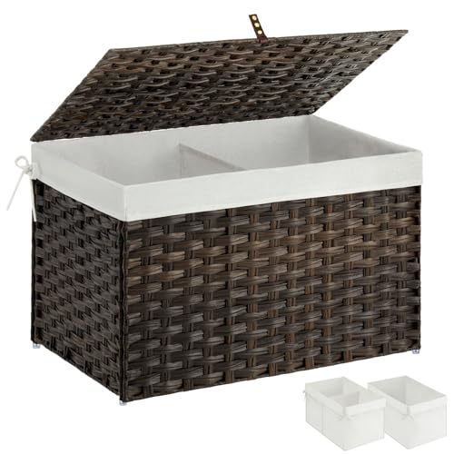 Greenstell Storage Basket with Lid, 105L Large Wicker Basket with Lid, Handwoven Blanket Storage Basket with Handles, Removable Cotton Liner, Metal Frame, Foldable for Bedroom, Laundry Room, Brown - color: Light Brown, size: 105L: 25.6*15.7*15.7 Inches