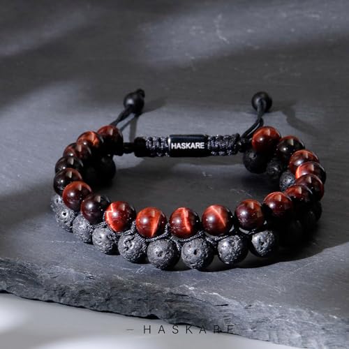 HASKARE Energy Beads Tiger Eye Bracelet for Men, Red Tiger Eye Beads Lava Stone Bracelets, Handmade Protection Crystal Bracelet Mens Jewelry Bracelets Father Christmas Gift for Stress Relief 8mm