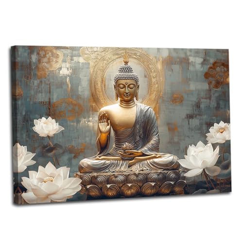 Buddha Canvas Wall Art Zen Golden Buddha Statue Poster Prints Buddha with Lotus Picture Prints for Meditation Decor Framed(Buddha-1,24x36inch (60x90cm)) - color: Buddha-1, size: 24 x 36 inches