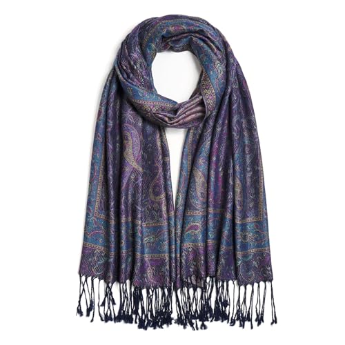 QIUTIMIY Paisley Pashmina Shawls and Wraps for Women Reversible Jacquard Festival Rave Pashmina Scarves with Fringe Vintage - color: Flower11-navy Blue
