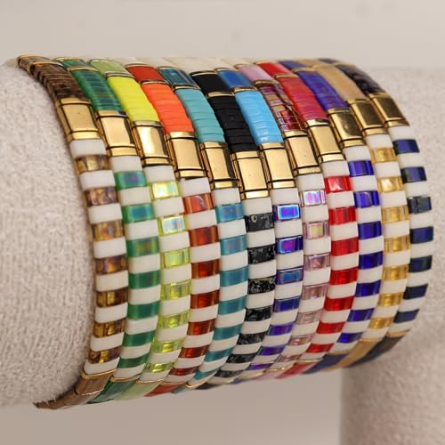 Tila Beaded Stretch Strand Bracelets for Women, Cute Boho Stackable Handmade Colorful Mixed Flat Square Beads Elastic Beach Surfer Bracelet Trendy Jewelry Friend Gift - color: 0901J
