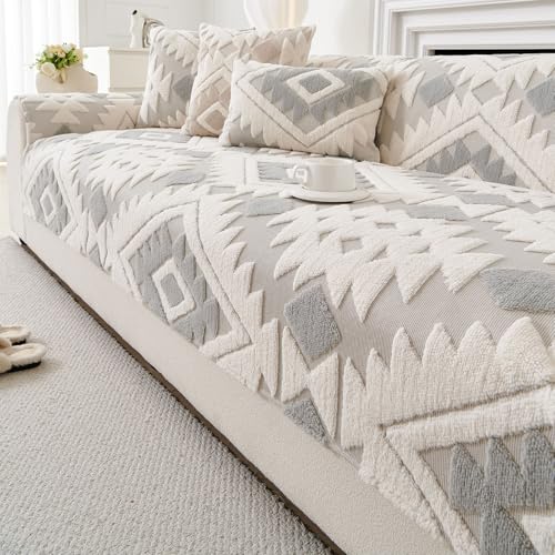 Boho Plush Couch Covers for Sofa Washable, Fuzzy Soft Couch Cover for Sectional Sofa, Non Slip Jacquard Sofa Cover Furniture Protector for Kids, Pets (Light Grey,28"x47") - color: Light Grey, size: 28"x47"/Rectangular