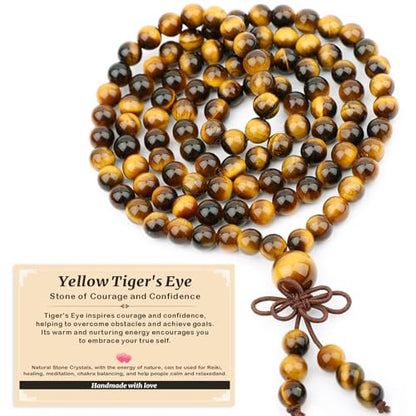 AD Beads 6mm 8mm 108 Prayer Mala Jasper Elastic Bracelet - Handmade Yoga Meditation Healing Power Energy Gifts for Unisex Adult. - color: Yellow Tiger's Eye(Courage)