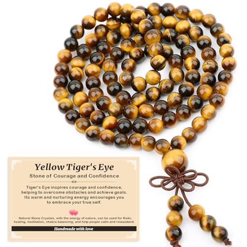 AD Beads 6mm 8mm 108 Prayer Mala Jasper Elastic Bracelet - Handmade Yoga Meditation Healing Power Energy Gifts for Unisex Adult. - color: Yellow Tiger's Eye(Courage)