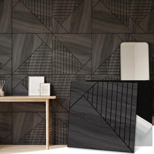 Acoustic Wall Panels 23.6x23.6 Inch 8 Pack, Slant Pattern, Sound Absorbing Peel and Stick Wall Decor, PET Felt Core with PVC Wood Grain, for Living Room Bedroom Home Office, Black Oak - color: Slant, Black Oak, size: 8 Pack Curved