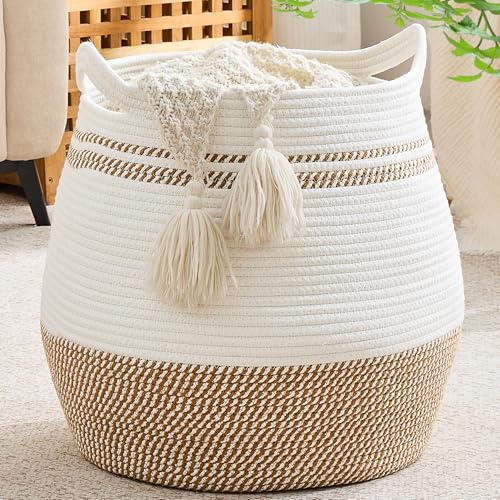 KAKAMAY Large Cotton Rope Woven Basket for Storage (17"x17"), Collapsible Laundry Hamper for Baby, Blanket Basket for Organizing Living Room, Nursery, Clothes, Toy Chest, Brown Stripes - color: Brown Stripe