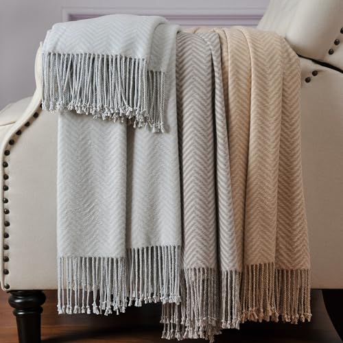 CUDDLE DREAMS Silk Throw Blanket with Hand-Knotted Fringe, Natural, Soft & Breathable (Herringbone Blue) - color: Herringbone Blue