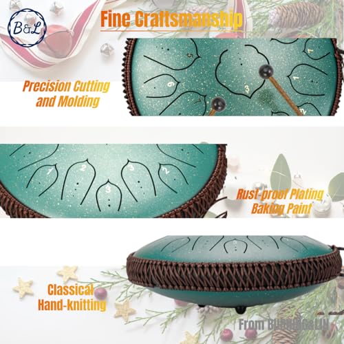 Steel Tongue Drum 14 Inches 15 Notes Hand Pan Drum Rain Drum Percussion for Meditation Yoga Musical Education (Lotus Green)