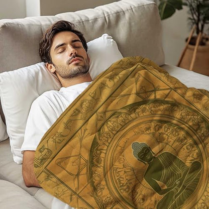 Zen-Inspired Mandala Blanket, Meditating Buddha Design, Golden Earth Tones, Lightweight Throw for Meditation, Yoga, Living Room, Office, and Bedroom, Boho Aesthetic for All Ages, 80"x60" - size: 80"x60"