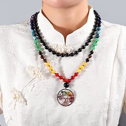 Bivei 108 Mala Beads Necklace Life Tree 7 Chakra Wrap Bracelet Real Healing Gemstone Yoga Meditation Hand Knotted Mala Prayer Bead Necklace - color: Black Agate, size: 8mm