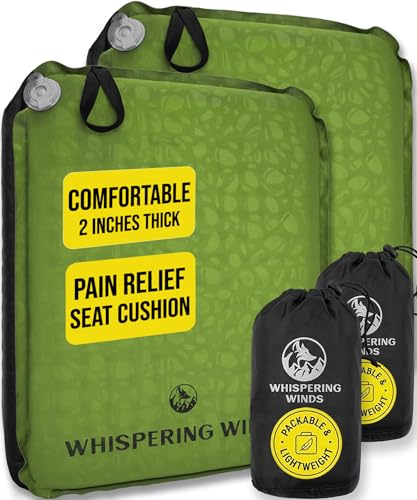 Whispering Winds Inflatable Seat Cushion - Comfortable Blow-up Foam Pad for Airplane, Travel, Stadium, Outdoors, Camping, Car & More - color: Military Green - 2pack, size: Large
