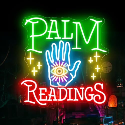 Palm Readings Neon Sign, Fortune Teller LED Neon Sign Wall Decor, Psychic Tarot Reading Neon Signs for Wall Decor, Mystical Neon Sign for Bedroom Studio Lounge 18.9”×18.5” - color: Palm Readings