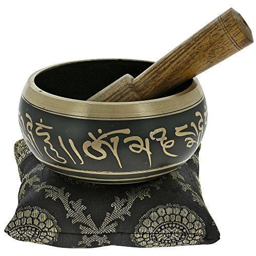 Tibetan Singing Bowl Set Black- With Singing Bowl, Cushion and Mallet - For Healing Meditation Prayer and Yoga - color: black