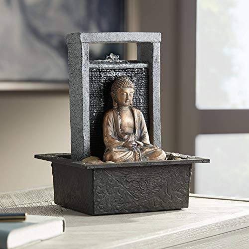 Meditating Buddha 11" High Small Zen Asian Indoor Decor Faux Stone Tabletop Fountain Bubbler Waterfall Water Feature for Desk Relaxation Bedroom Living Room Countertop Inside House - John Timberland