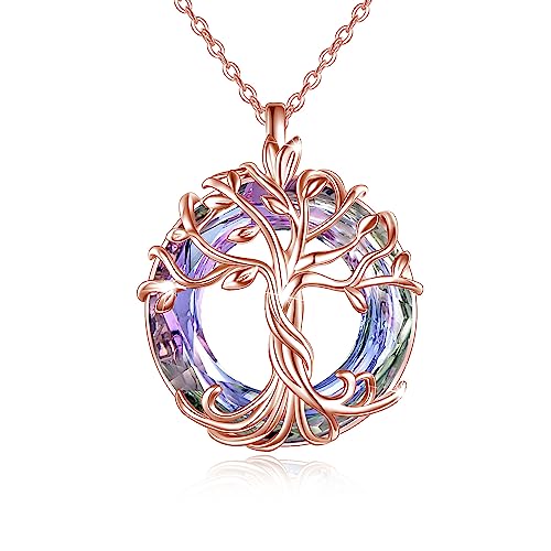 TOUPOP Tree of Life Necklace Gifts for Women 925 Sterling Silver Family Tree Pendant with Crystal Birthday Irish Jewelry Gifts for Women Her Wife Mom - color: 02-Rose Gold-Purple Crystal