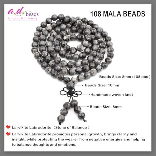 AD Beads 6mm 8mm 108 Prayer Mala Jasper Elastic Bracelet - Handmade Yoga Meditation Healing Power Energy Gifts for Unisex Adult. - color: Larvikite Labradorite(Balance )