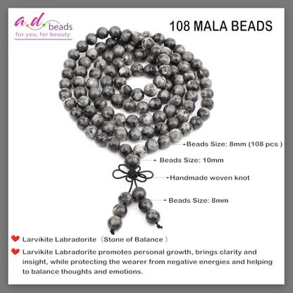 AD Beads 6mm 8mm 108 Prayer Mala Jasper Elastic Bracelet - Handmade Yoga Meditation Healing Power Energy Gifts for Unisex Adult. - color: Larvikite Labradorite(Balance )