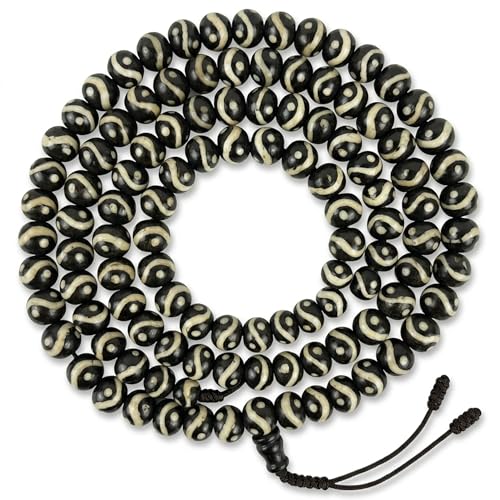 Agan Traders 108 Mala Prayer Beads Necklace for Men & Women – Tibetan Buddhist Prayer Beads Wrist Mala - Handmade Yak Bone Japa Mala Beads for Meditation, Yoga & Healing - color: BN Ying-Yang-10mm
