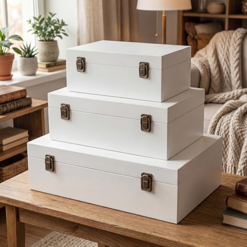 Sliner 3 Pcs Wooden Decorative Storage Boxes with Lids Vintage Wood Organizer Bins for Your Bookshelf Home Decor Safely Store Photos Documents Memory Jewelry Craft Storage (White,S M L Size) - color: White