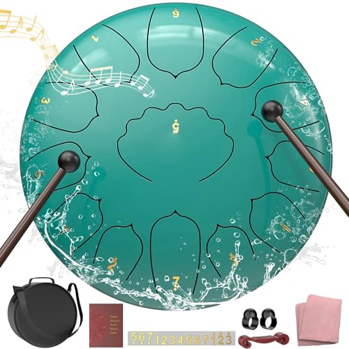 D Major Steel Tongue Drum Handpan, 12 Inch 13 Note Rain Drum for Outside Garden, Meditation Rain Chime, Musical Percussion Instrument for Adult Gift with Bag, Music Book, Drum Mallets (Lake Blue) - color: Lake Blue, size: 12 Inches