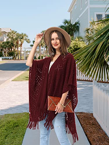 Soul Young Knit Shawl Wrap for Women Ladies Fringe Poncho Blanket Cardigan Cape - color: Z Rhombus Burgundy