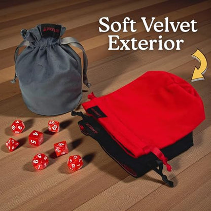 Velvet Drawstring Dice Bag - Set of Three Colors - Dungeons and Dragons Fabric/Standing Cotton Fabric Dice Bags/D&D Dice Pouch/Small Pouch/Velvet Jewelry Bag (Red, Black, Grey)