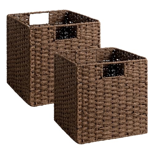 StorageWorks 11 inch Wicker Storage Cubes, Handwoven Cube Storage Bin, Square Cubes Basket, Foldable Paper Rope Basket for Organizing, Brown, 2 Pack - color: Brown, size: 11"L x 11"W x 11"H