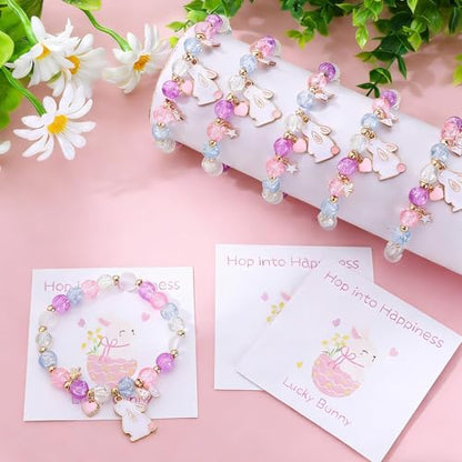 6PCS Easter Bracelets Easter Basket Stuffers Colorful Beaded Stretch Bracelet with Lucky Bunny Charm Spring Holiday Gifts for Women Party Favors Celebration Accessories