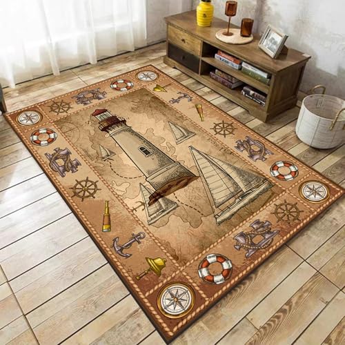 Coastal Sailboat Area Rugs, 5x6ft, Vintage Nautical Compass Carpet for Bedroom, Soft Machine Washable Floor Rugs, Thin Low Pile Shed Resistant Carpets for Porch Bedside Living Room - color: Pattern 1, size: 5x6ft