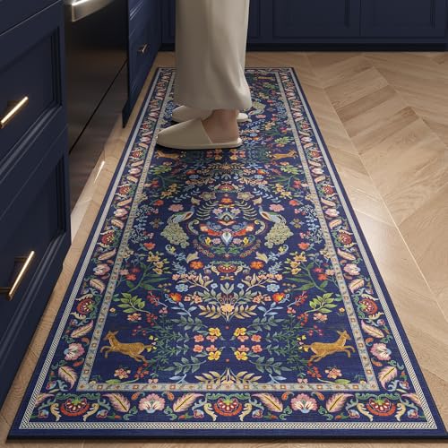 Rugcomf Runner Rug Washable Kitchen Runner 2'x 6'Runner Rug Floral Non-Slip for Entryway Indoor Soft Carpet Runner for Hallways, Kitchen, Laundry, Bedroom, Bathroom(Blue) - color: Blue, size: 2' x 6' (Rectangular)
