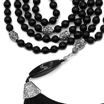Mala Prayer Beads - Mala Necklace - Tibetan Mala Prayer Beads Meditation Beads Yoga Necklace - color: NATURAL BLACK AGATE STONE - 8MM - 108 BEADS