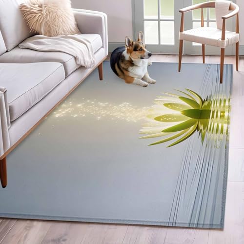 Zen Meditation Lotus Floral Area Rug 4x6 FT, Non Slip Kids Room Carpet, Green Floral Modern Art Washable Soft Floor Carpet Non-Shedding Throw Rug for Dorm Kitchen Study Room Home Office Bedside - size: 4' x 6' (Rectangular)