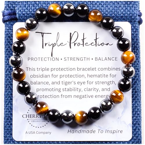 Cherry Tree Collection – Handmade Crystal Bracelets with Black Obsidian, Tiger’s Eye and 6 Other Gemstones for Men & Women – 8mm Beaded Bracelet for Healing, Protection & Positive Energy–Sizes S/M/L - color: Triple Protection Gold, size: Large