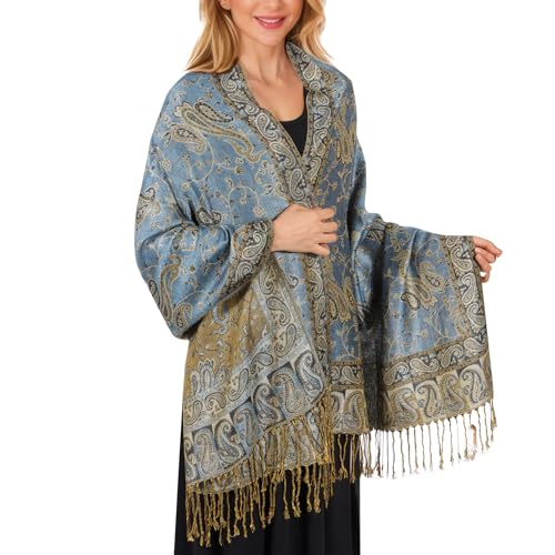 MUQU Women Pashmina Shawls and Wraps Scarf Soft Silky Reversible Paisley Scarves Shawl for Women - color: Denim Blue