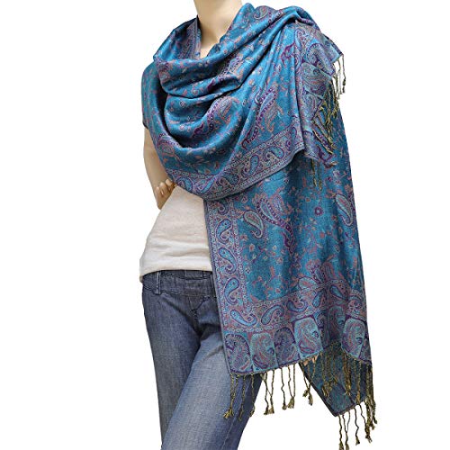 Falari Women's Reversible Paisley Pashmina Shawl Wrap Scarf For Evening Dresses Festivals Any Occasions All Seasons 80"x27" - color: Style 1 - Teal & Purple