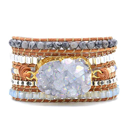 Boho Wrap Bracelet for Women, Handmade Natural Imperial Jasper Multi-Layer Stone Beaded Bracelet, Bohemian Healing Crystal Stone Jewelry Gifts - color: Quartz Druzy
