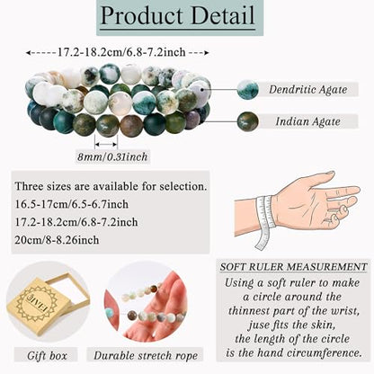 Bivei Natural Gemstone Semi Precious Healing Crystals Handmade Stretchy Round Beads Bracelet,Stocking Stuffers for Women Enhance Positive Energy - color: 8mm Tree Agate & India Agate (Strength & Harmony), size: Medium: 6.8-7.24 inch