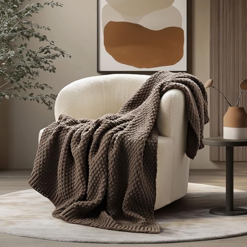 EVERGRACEHOME Chunky Chenille Knit Throw Blanket for Couch, Soft Luxurious Moss Stitch Blankets for Bed, Cozy Decorative Farmhouse Knitted Throws for Sofa, Cocoa Brown, 50" x 60" - color: Cocoa Brown, size: 50" X 60"
