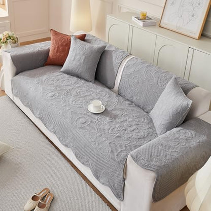 vctops Boho Cotton Quilted Couch Cover Soft Embroidered Sofa Cover Non-Slip Dog Bed Cover Scalloped Sofa Slipcover Washable Furniture Protector Cover (Light Grey,28"x59") - color: Light Grey, size: 1pc/28"x59"/Rectangular