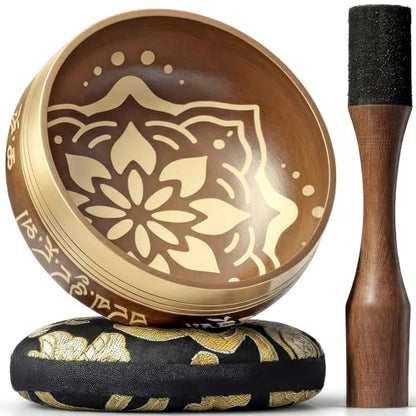 Silent Mind Tibetan Singing Bowl Set – Easy to Play & Beginner Friendly Meditation Bowl with Cushion & Mallet | Stress Relief & Mindfulness | Gift-Ready - color: Matte Gold, size: Without Case