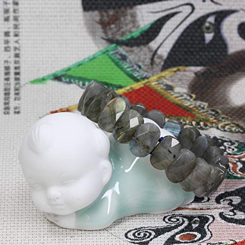 Keleny Semi Precious Stones 14mm Faceted Oval Beads Crystal Rock Elastic Bangle 7.5 Inch - color: Grey Labradorite
