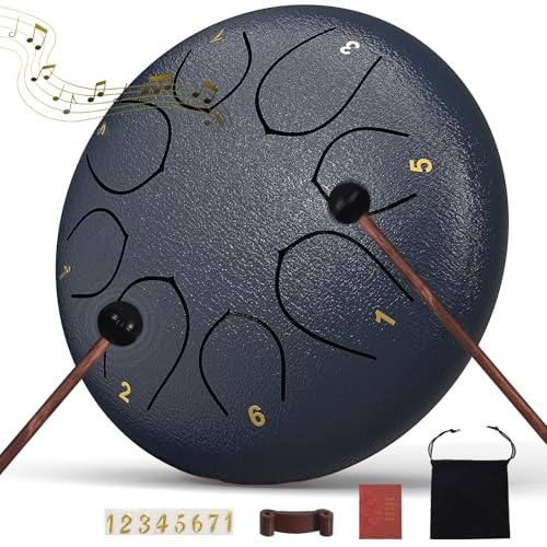 Rain Drum for Outside Garden, 6 Inches 8 Notes Steel Tongue Chakra Drums, Waterproof Echo Rain Chime Meditation Drums, Musical Instruments for Adult Gift with Bag, Music Book, Drum Mallets (Navy Blue) - color: Navy Blue, size: 6 Inches