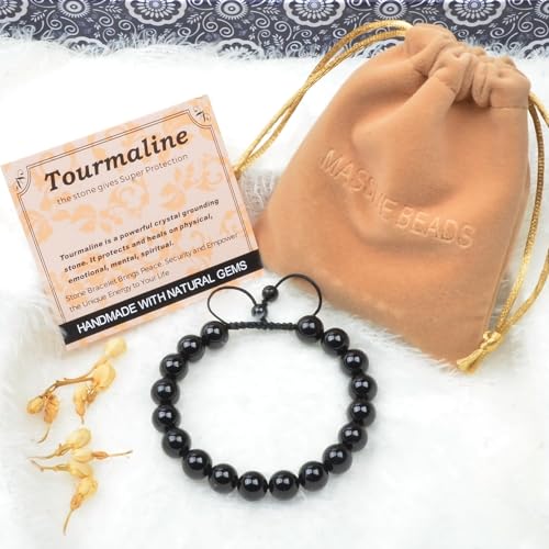 MASSIVE BEADS Handmade Yoga Natural Stone Crystal Healing Power Energy Gifts for Unisex Adult Bracelet Macrame Adjustable - color: Black Tourmaline(Super Protection), size: 10mm