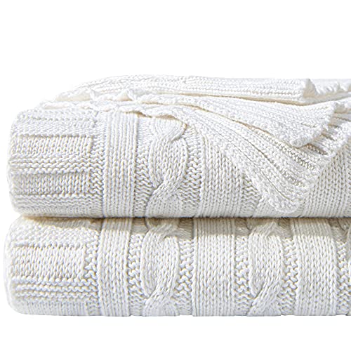 NTBAY 100% Pure Cotton Cable Knit Throw Blanket, Super Soft Warm 51x67 Knitted Throw Blanket for Couch, Sofa, Chair, Bed - Extra Cozy, Machine Washable, Comfortable Home Decor, White - color: White, size: Throw(51"x67")